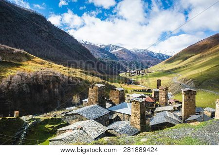 Picturesque Landscape Of Aged Georgian Rural Community Ushguli With Typical Svaneti Defensive Tower 