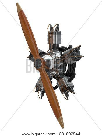 3d Render Of A Vintage Aircraft Star Engine With An Old Wooden Propeller. Perspective View. Isolated