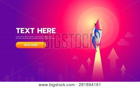Businessman Growth On Rocket. Businessman Growth. Rocket Man. Businessman With Launching Rocket..