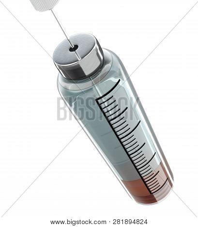 3d Render Of A Injection Phial With Needle On White Background. Diabetes Treatment Concept.