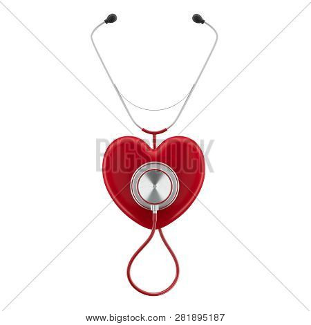 Render Of A Stethoscope On A Red Heart Isolated On A White Background. Heart Diagnostics Concept.