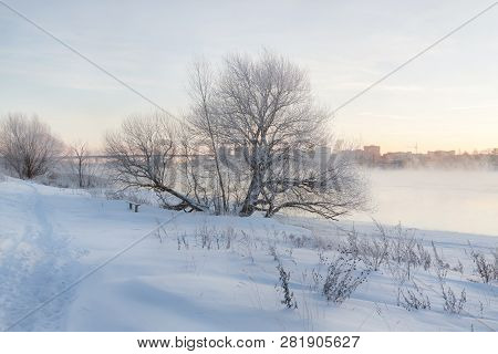 Winter Landscape In The Early Morning Overlooking The City Of Dubna And The Bridge Over The Volga. F