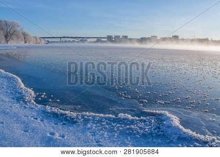 Winter Landscape In The Early Morning Overlooking The City Of Dubna And The Bridge Over The Volga. F