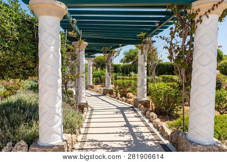 Rhodes, Greece - May 13, 2018: The Column Alley Beautiful In Kallithea Springs. Rhodes, Greece