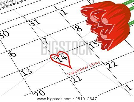 Valentine`s Day Calendar Sheet With Heart And Flowers