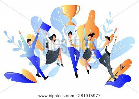Successful Team Or Teamwork Concept. Vector Flat Style Illustration. Happy Young People Got Prize, B