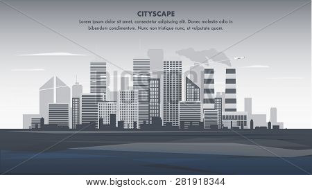 Flat Banner Illustration Gray Panorama Cityscape. Silhouette Modern City. Flying Plane Over Metropol