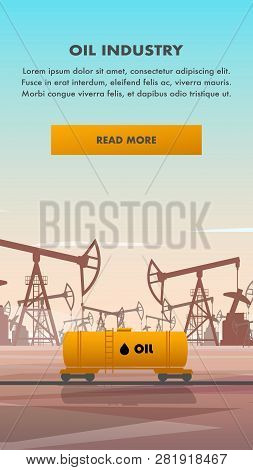 Flat Illustration Yellow Rail Tanker Oil Industry. Vector Banner Transport For Transportation Petrol