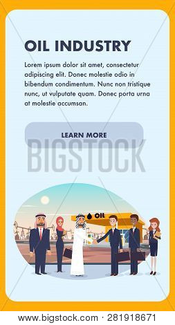 Banner Illustration Business Meeting Oil Industry. Man Arab Nationality And Guy In Suit Signed Lucra