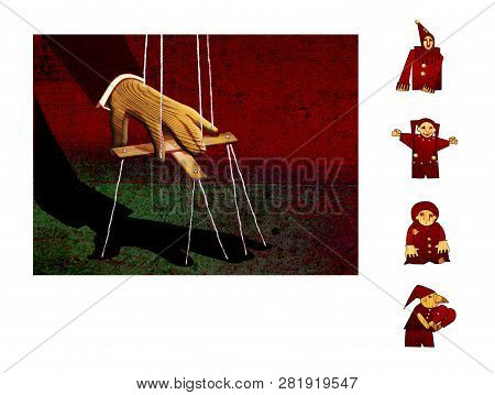 The Wooden Hand Of A Man, Like A Puppet, Controls His Own Shadow. Puppet Show