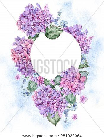 Summer Watercolor Vintage Floral Round Frame With Blooming Hydra