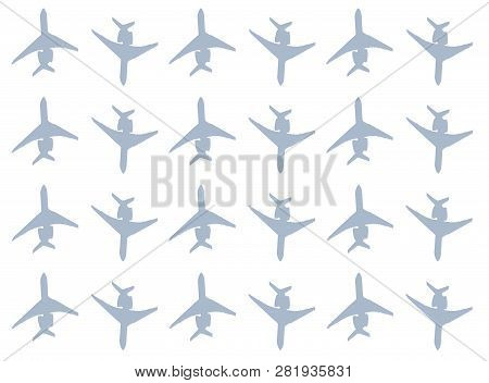Silhouette Of Passenger Airplane Airplane Avia Pattern, Set Of Icons On White Background
