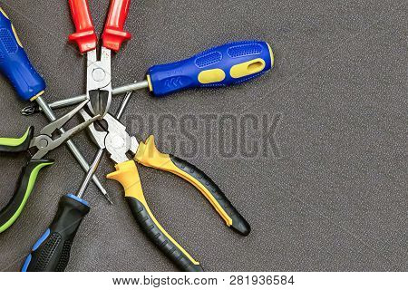 Gray Metal Tool Repair Set Of Screwdrivers Pliers Crossed Background Design Industrial Base Web