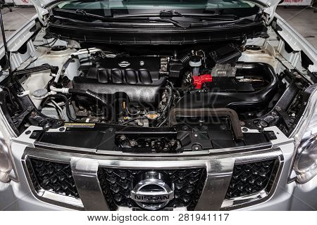 Novosibirsk, Russia -february 01, 2019:  Nissan Xtrail, Close-up Of The Engine, Front View. Photogra