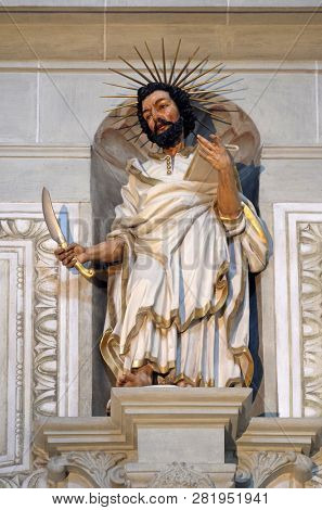 LUCERNE, SWITZERLAND - JUNE 24, 2018: Apostle, statue in the church of St. Leodegar in Lucerne, Switzerland
