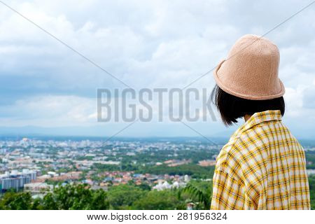 Back Of Young Asian Girl Traveler Standing In City And Outdoors Nature View Background, Travel Sprin