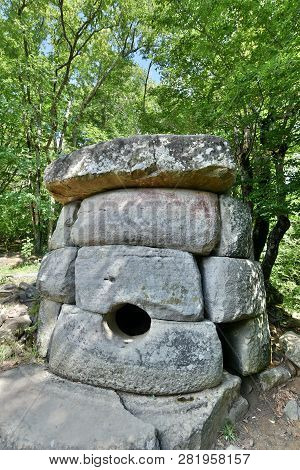 Mysterious Dolmen In The Valley Of The River Zhane In The Mountains Of Gelendzhik. Dolmen In The Mou