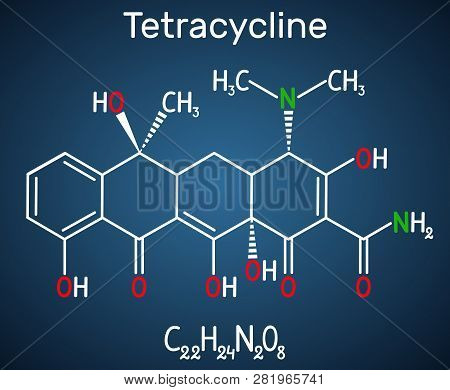 Tetracycline Antibiotic Drug Molecule. Structural Chemical Formula On The Dark Blue Background. Vect