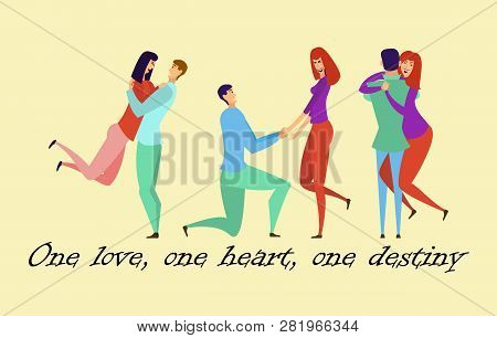 Greeting Card With Lovers. Young Men And Women Characters