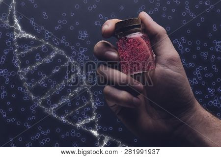 Close Up Of Man Holding Dna Molecule In Glass Bottle. Mixed Media.