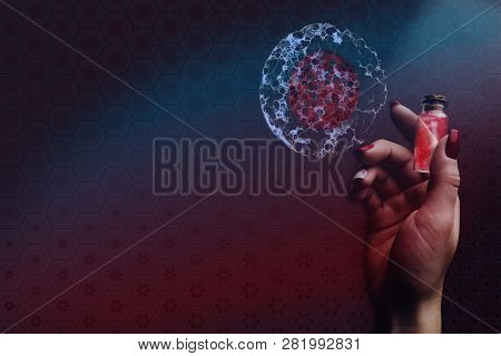 Human Hand Holding Glass Bottle With Cell Dividing. Mixed Media.