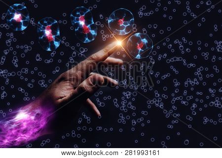 Human Forefinger Touches Cell Dividing. Nebula Dust In Infinite Space. Mixed Media.