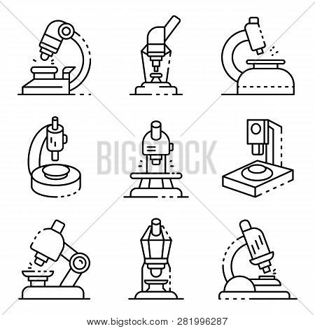 Microscope Icons Set. Outline Set Of Microscope Vector Icons For Web Design Isolated On White Backgr