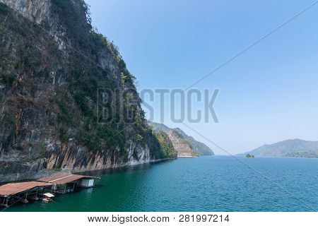 Beautiful Blue Sky View Of Vajiralongkorn Dam At Kanchanaburi, Thailand
