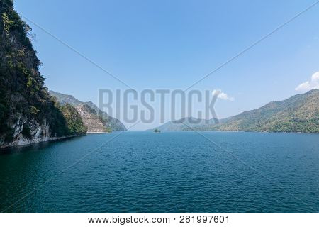 Beautiful Blue Sky View Of Vajiralongkorn Dam At Kanchanaburi, Thailand