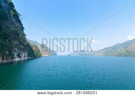 Beautiful Blue Sky View Of Vajiralongkorn Dam At Kanchanaburi, Thailand