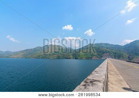 Beautiful Blue Sky View Of Vajiralongkorn Dam At Kanchanaburi, Thailand