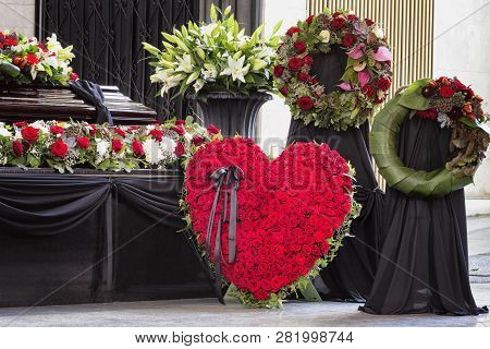 Funeral, Beautifully Decorated With Flower Arrangements Coffin, Close-up
