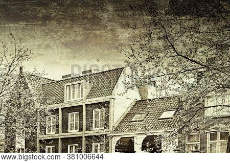 Historic Buildings In The City Of Amersfoort. Typical Dutch Brick Houses In Holland. Vintage Style T
