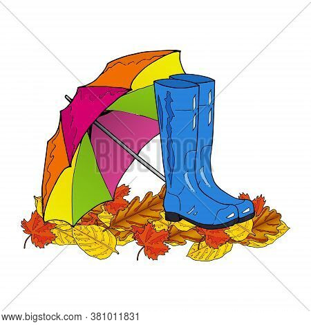 Autumn Print. Blue Rubber Boots And A Colorful Umbrella On The Leaves. Hand Drawing. Vector Illustra