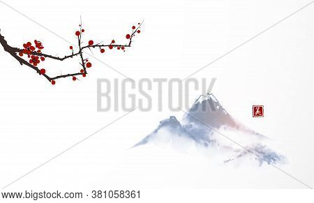 Sakura Branch In Blossom And Far Blue Mountains On White Background. Traditional Oriental Ink Painti