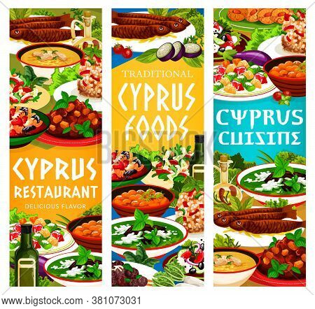 Cyprian Food Vector Meals Baked Eggplant Salad, Cold Cream Cucumber Soup And Greek Pickled Vegetable