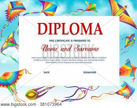 School Diploma Vector Template With Cartoon Kites Flying In Blue Cloudy Sky. Education School Or Kin