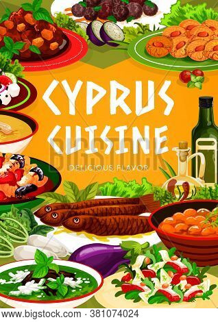 Cyprus Cuisine Vector Greek Food Avgolemno, Salad With Grapefruit And Goat Cheese, Cold Cream Cucumb