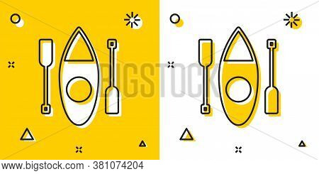 Black Kayak And Paddle Icon Isolated On Yellow And White Background. Kayak And Canoe For Fishing And
