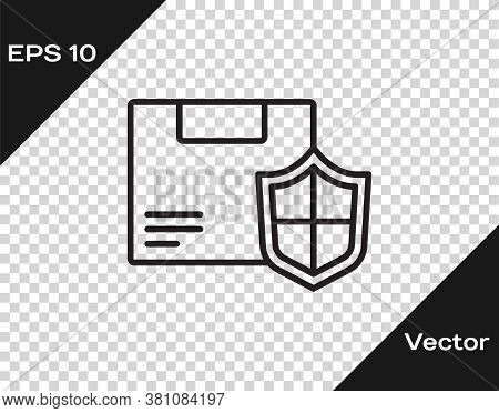 Black Line Delivery Security With Shield Icon Isolated On Transparent Background. Delivery Insurance