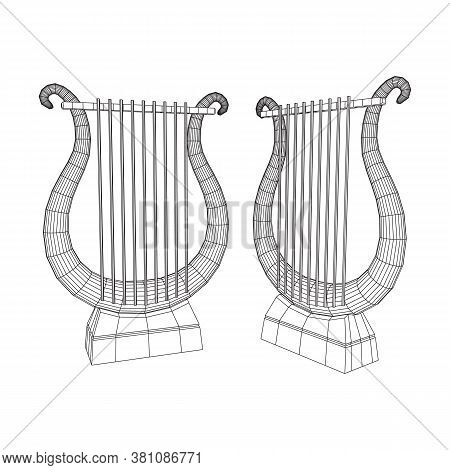 Ancient Lyre Or Harp Musical Instrument. Music Concept. Wireframe Low Poly Mesh Vector Illustration.