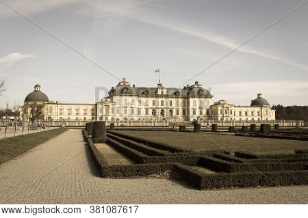 Drottningholm, Sweden - April 21 2019: The Front View Of Drottningholm Palace In A Sunny Day On Apri