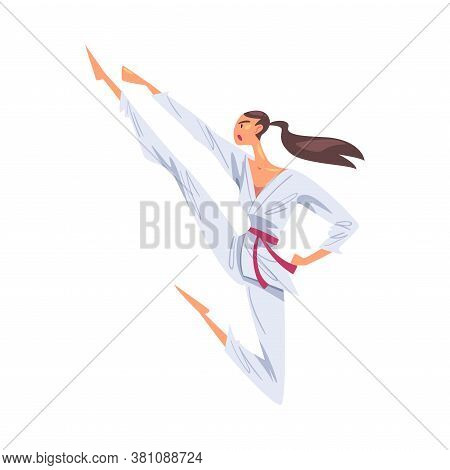 Girl Doing Swing Kick, Female Karate Fighter Character In White Kimono Practicing Traditional Japan 