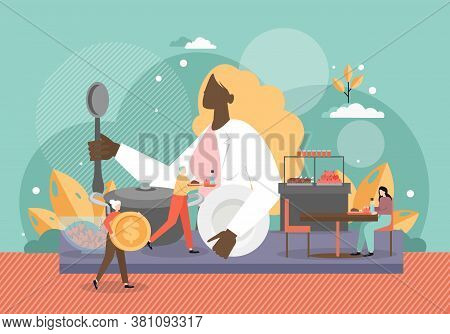 People Buying And Eating Meals In Canteen Dining Room, Vector Flat Illustration