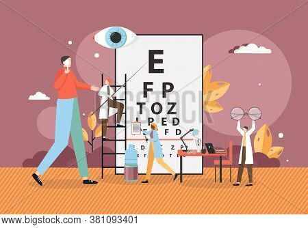 Doctor Oculist Testing Patient Eyesight Pointing At Eye Chart Symbols, Vector Flat Illustration