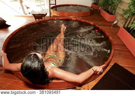 Porto Seguro, Bahia / Brazil - January 2, 2010: Young Man Is Seen In A Hot Tub In A Hotal In The Cit