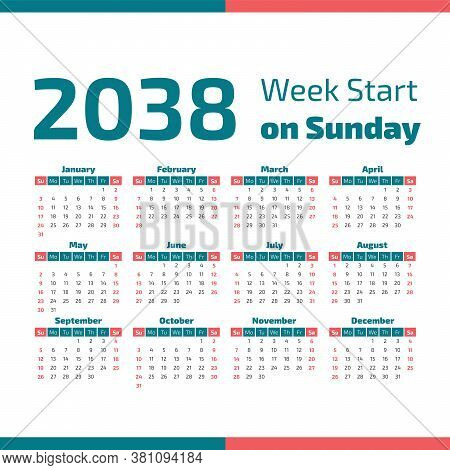 2038 Calendar With The Weeks Start On Sunday
