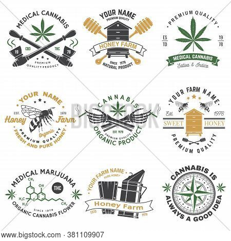 Set Of Honey Bee Farm And Medical Cannabis Shop Badge. Vector Illustration. Concept For Shirt, Print