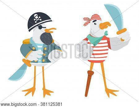 Vector Funny Pirate Characters. Seagull In Cocked Hat With The Sword. Sailor Bird With The Peg Leg F