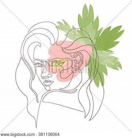 Vector Outline Illustration Of Woman Gace On Abstract Floral Background. One Line Drawing. Use It As